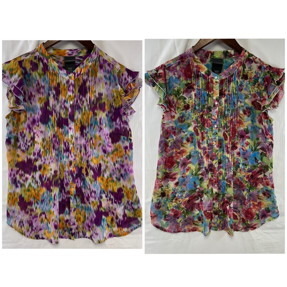 2 Covington Floral Blouse Womens Medium Multicolor Pintuck Ruffle Sleeve Chiffon